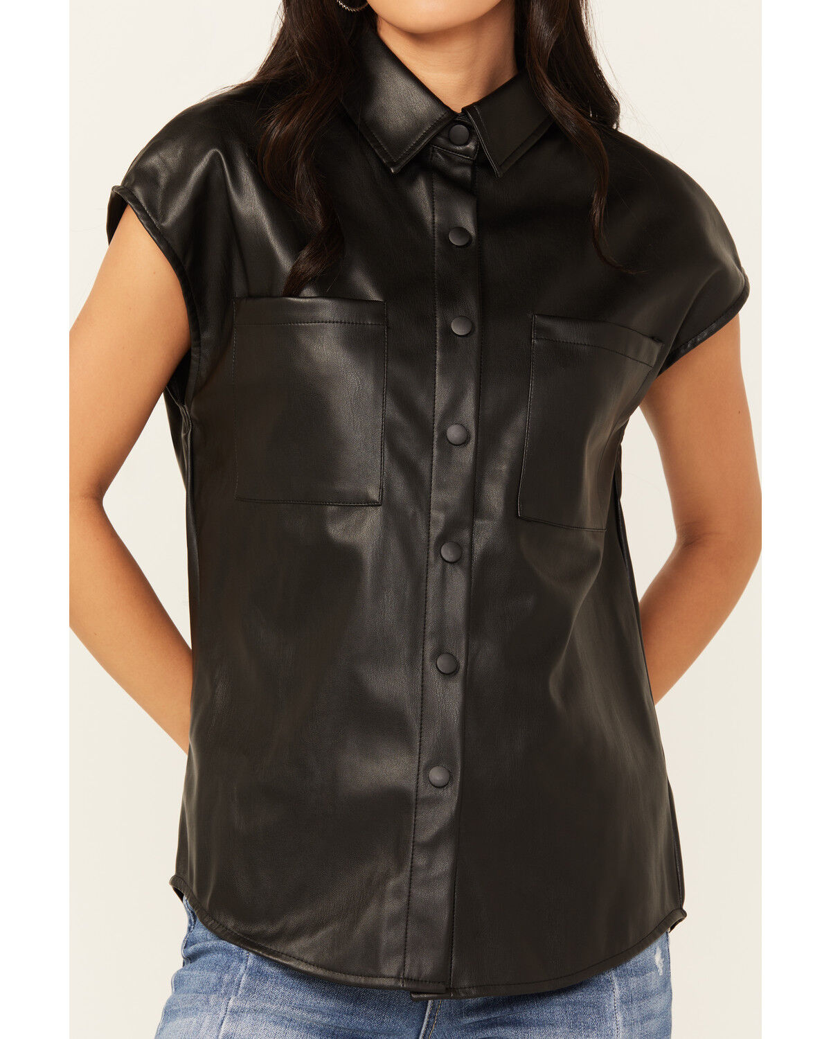 Image #3 - Revel Women's Faux Leather Button-Down Cap Sleeve Top, Black, hi-res