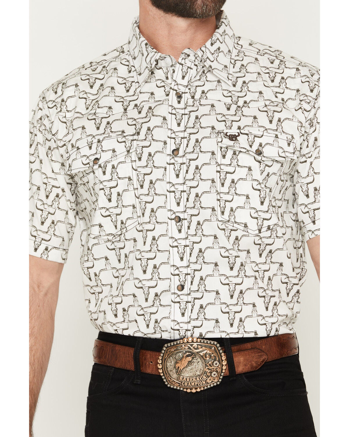 Image #3 - Cowboy Hardware Men's Hombre Skull Print Short Sleeve Snap Stretch Western Shirt, White, hi-res