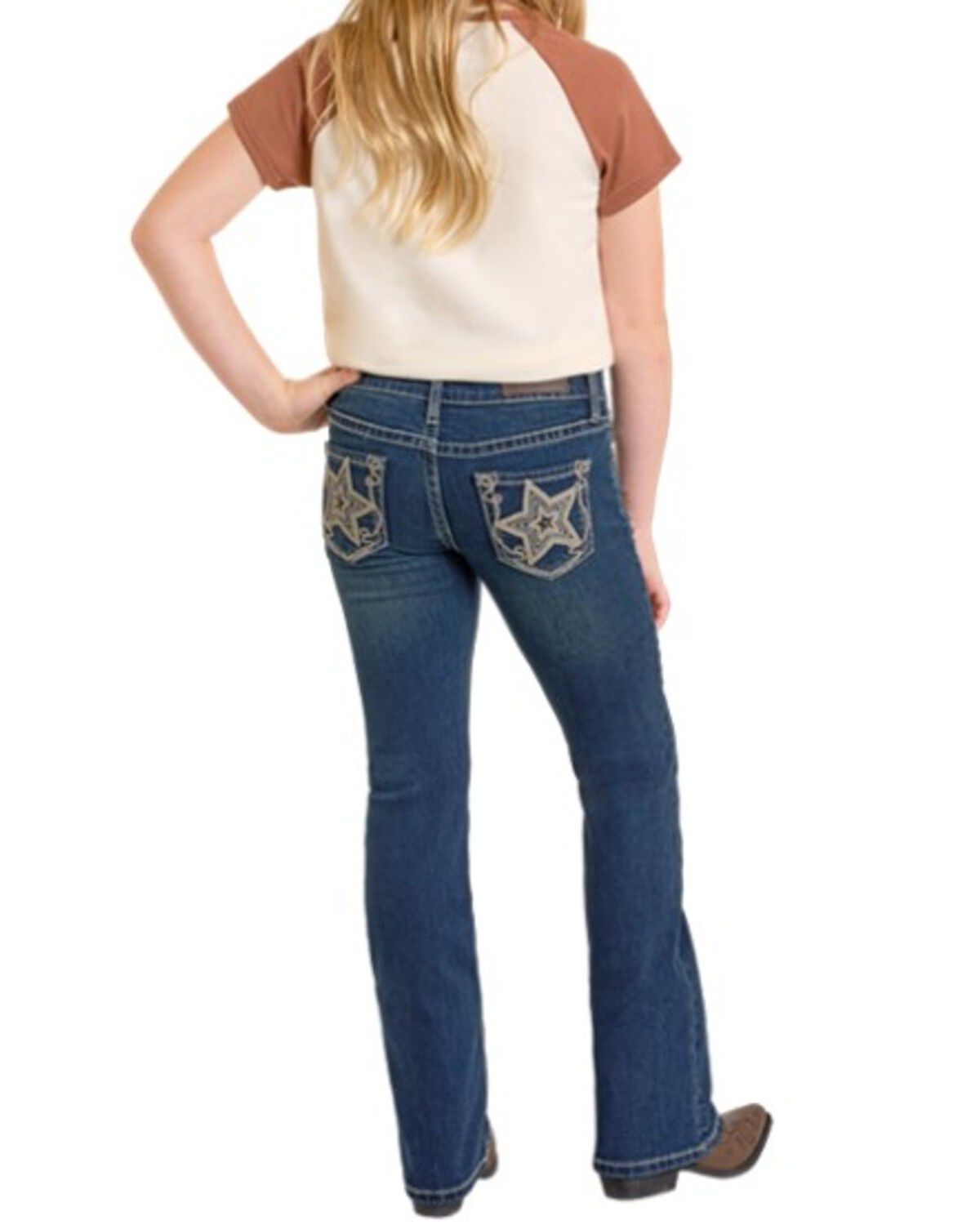 Image #2 - Rock & Roll Denim Girls' Dark Wash Star Embroidered Bootcut Stretch Denim Jeans, Dark Wash, hi-res