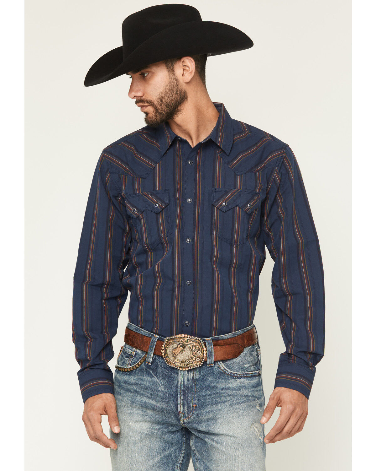 Image #1 - Moonshine Spirit Men's Riff Stripe Print Long Sleeve Snap Western Shirt, Navy, hi-res