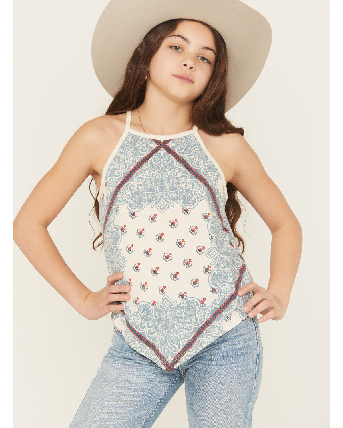Image #1 - Rock & Roll Denim Girls' Scarf Print Tank, Natural, hi-res