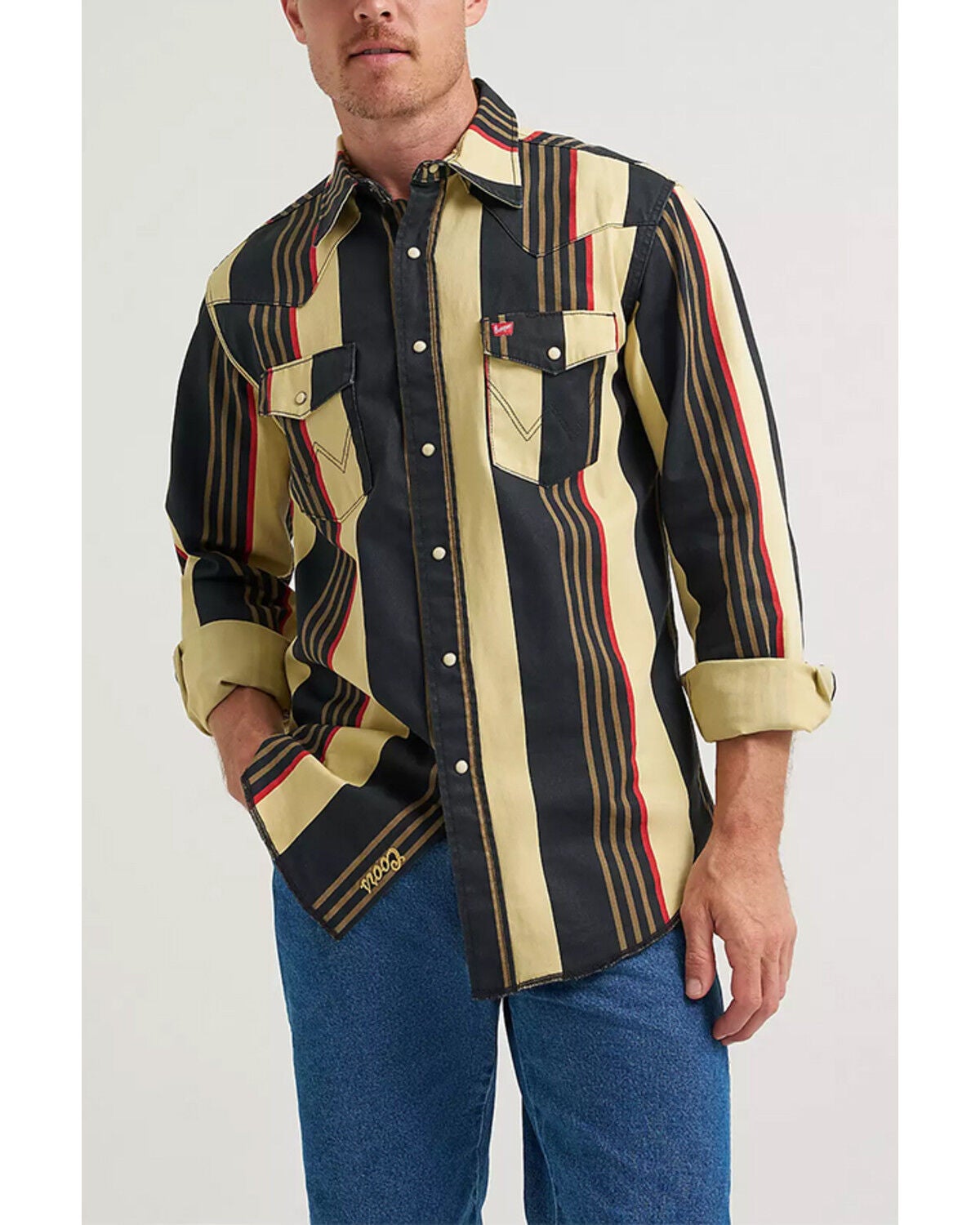 Wrangler X Coors Men's Cowboy Cut Striped Print Long Sleeve Snap Western Shirt, Black, hi-res