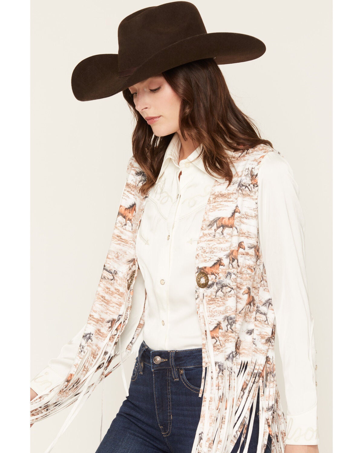 Image #2 - Fornia Women's Boot Barn Exclusive Horse Print Faux Suede Fringe Vest, Multi, hi-res