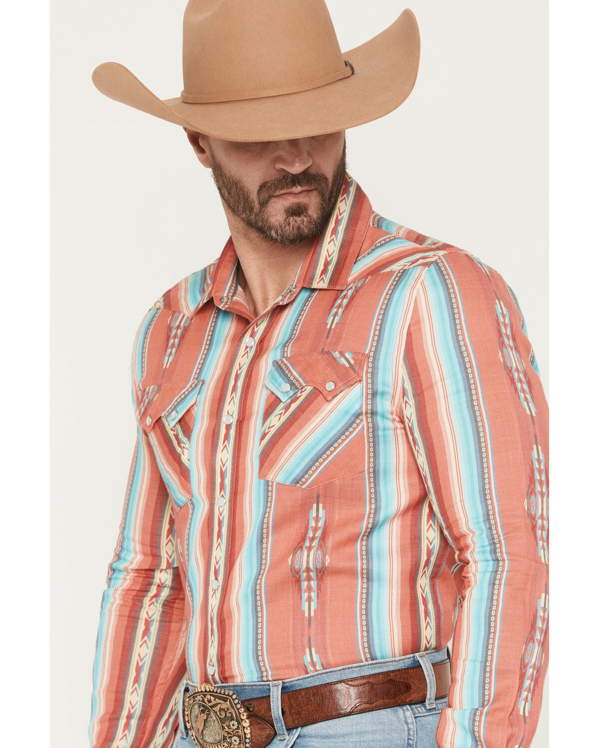 Image #2 - Panhandle Slim Men's Southwestern Striped Long Sleeve Pearl Snap Western Shirt, Red, hi-res