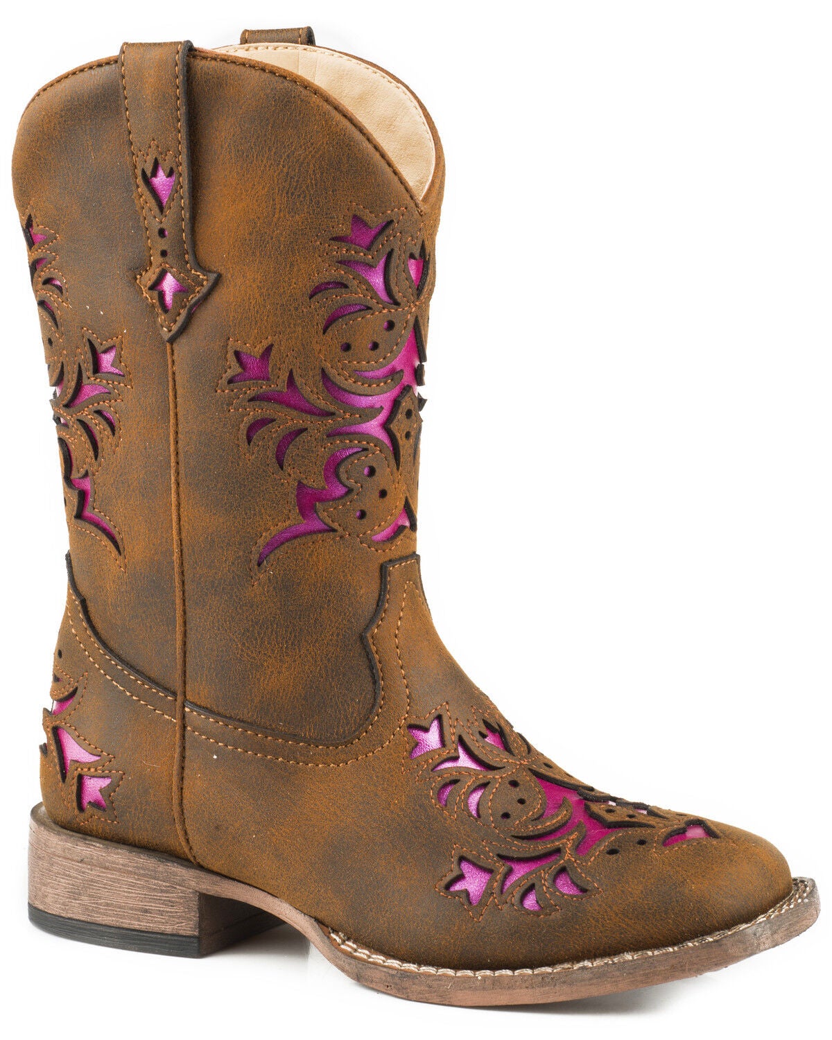 Roper Girls' Lola Metallic Underlay Western Boots - Square Toe, Brown, hi-res