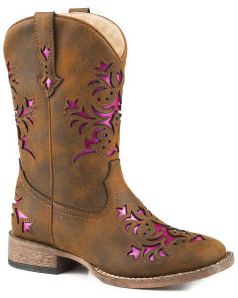 Roper Girls' Lola Brown Metallic Underlay Cowgirl Boots - Square Toe, Brown, hi-res