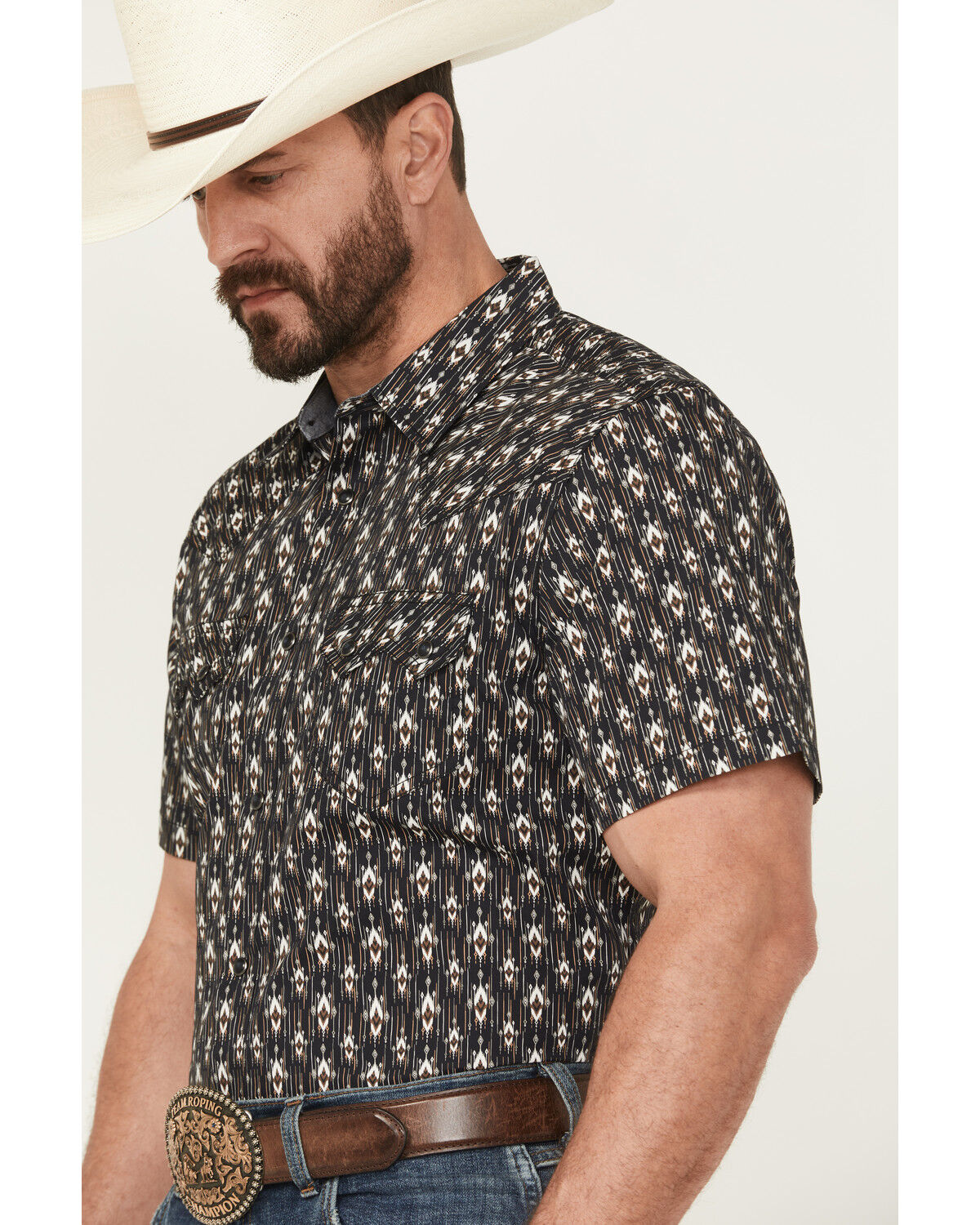 Image #2 - Cody James Men's Alpine Southwestern Stripe Print Short Sleeve Snap Western Shirt, Navy, hi-res