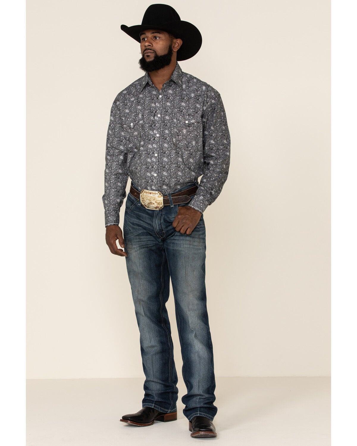 Image #2 - Rough Stock By Panhandle Men's Atalaya Stretch Paisley Print Long Sleeve Western Shirt, Black, hi-res