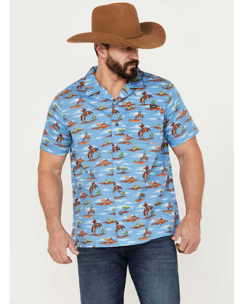 Cinch Men's Camp Tumbleweed Cowboy Short Sleeve Button-Down Western Shirt, Blue, hi-res