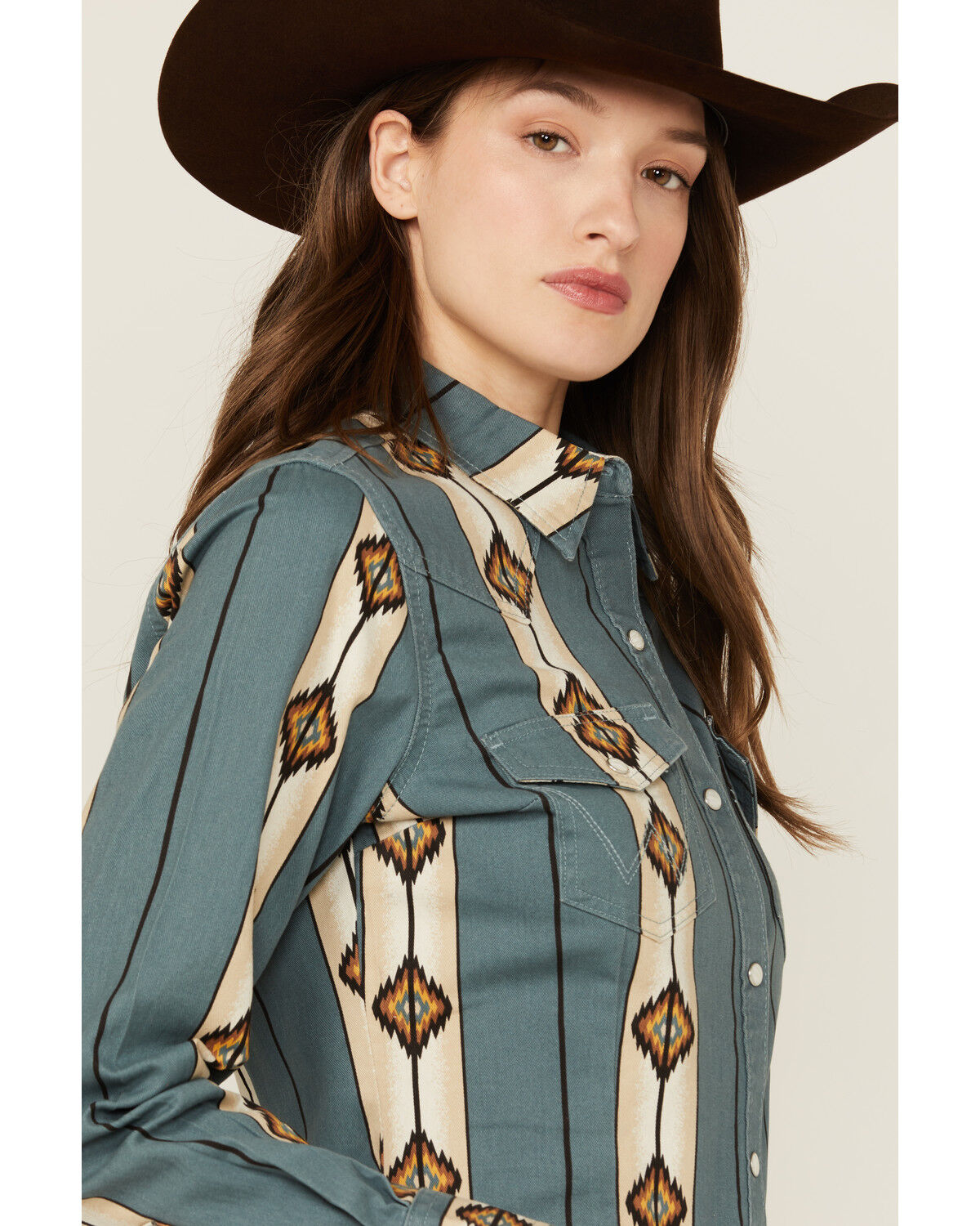 Image #2 - Wrangler Retro Women's Geo Print Long Sleeve Snap Western Shirt, Teal, hi-res