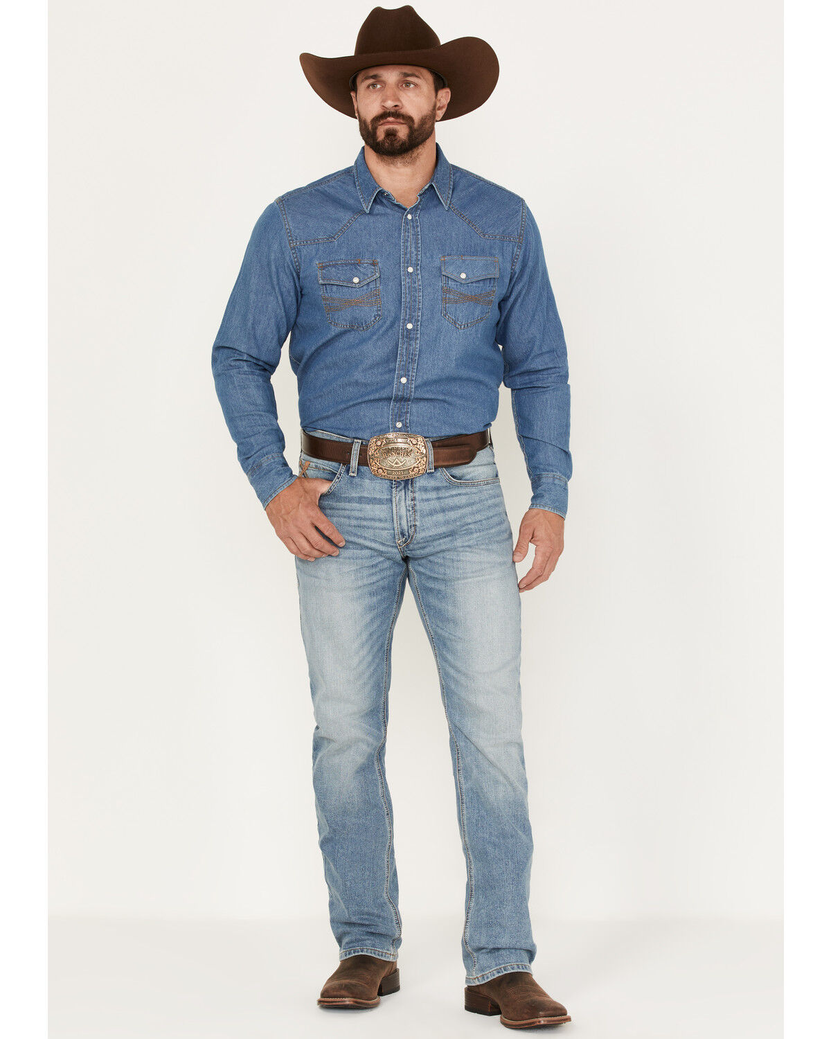 Image #1 - Ariat Men's M4 Orleans Abel Light Wash Stretch Relaxed Straight Jeans, Blue, hi-res