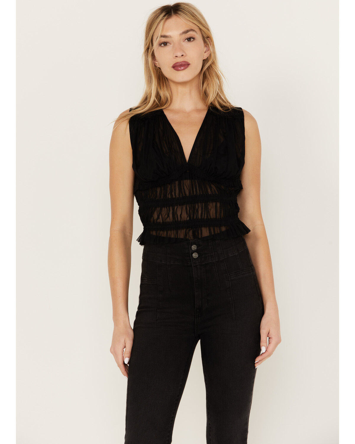 Image #2 - Beyond The Radar Women's Mesh Shirred Tank, Black, hi-res