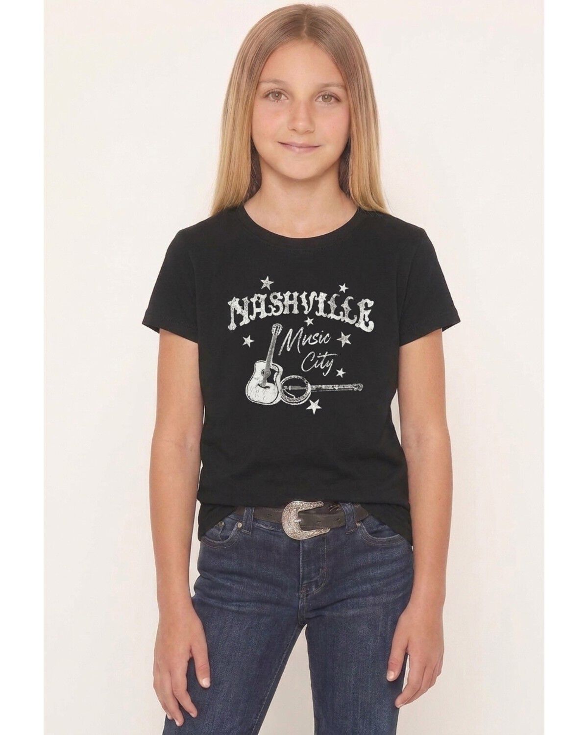 Americana Girls' Nashville Short Sleeve Graphic Tee, Black, hi-res