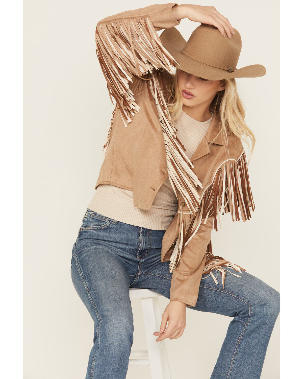 Image #1 - Saints & Hearts Women's Faux Fringe Suede Button-Down Jacket, Beige, hi-res