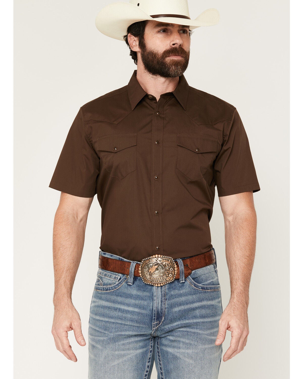 Image #1 - Gibson Trading Co Men's Solid Short Sleeve Snap Western Shirt, Dark Brown, hi-res