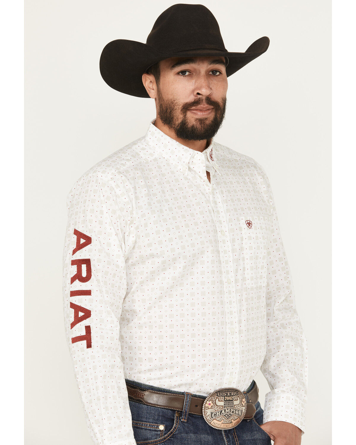 Image #1 - Ariat Men's Team King Geo Print Long Sleeve Button-Down Western Shirt, White, hi-res