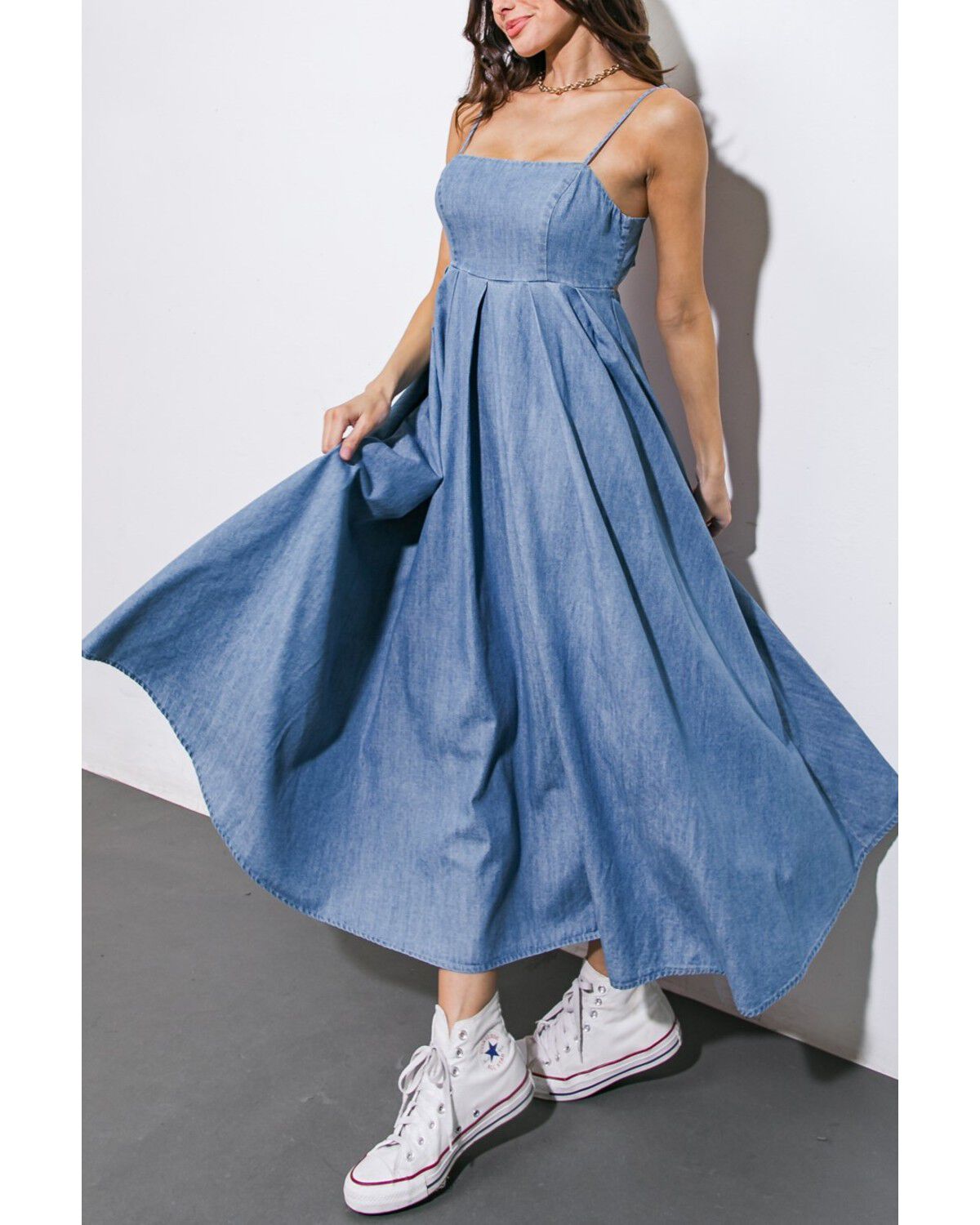 Image #4 - Flying Tomato Women's Captivating Heart Denim Midi Dress, Light Wash, hi-res