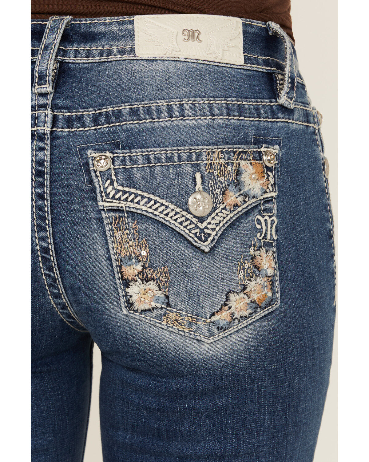 Image #2 - Miss Me Women's Medium Wash Floral Border Pocket Bootcut Stretch Denim Jeans, Medium Wash, hi-res