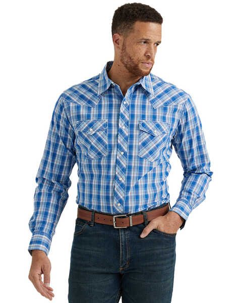Wrangler Men's 20X Plaid Print Long Sleeve Snap Stretch Western Shirt - Tall , Blue, hi-res
