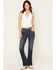 Image #3 - Miss Me Women's Dark Wash Mid Rise Winged Pocket 32" Bootcut Stretch Denim Jeans, Dark Wash, hi-res