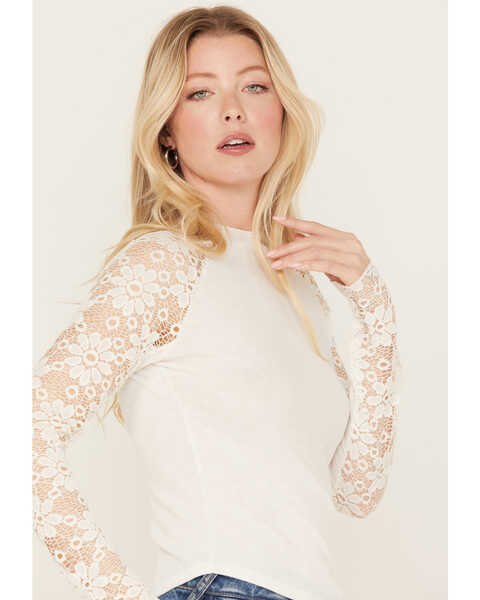 Image #2 - Wild Moss Women's Floral Lace Sleeve Mock Neck Top, , hi-res
