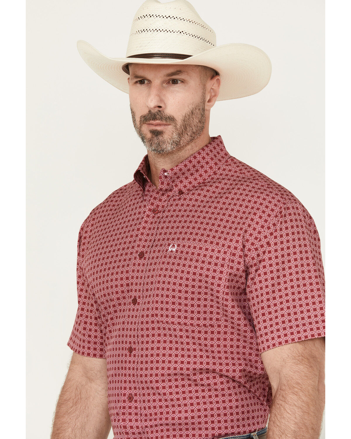 Image #2 - Cinch Men's Geo Print Short Sleeve Button-Down Performance Western Shirt, Pink, hi-res