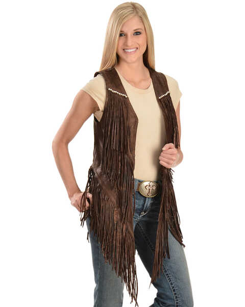 Image #1 - Kobler Leather Women's Yucaipa Fringe & Rhinestone Leather Vest, Brown, hi-res