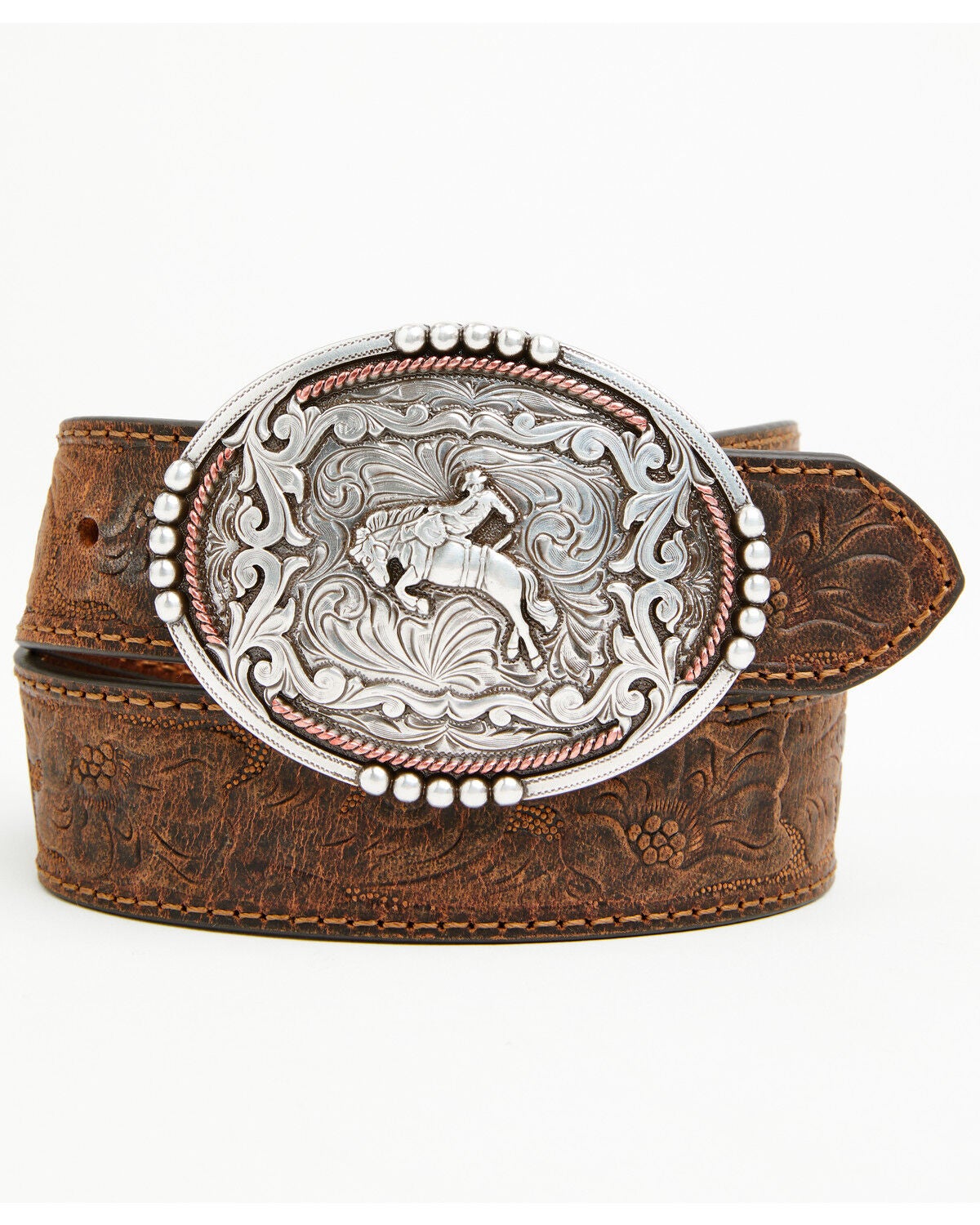Cody James Boys' Bronc Rider Tooled Leather Belt, Brown, hi-res