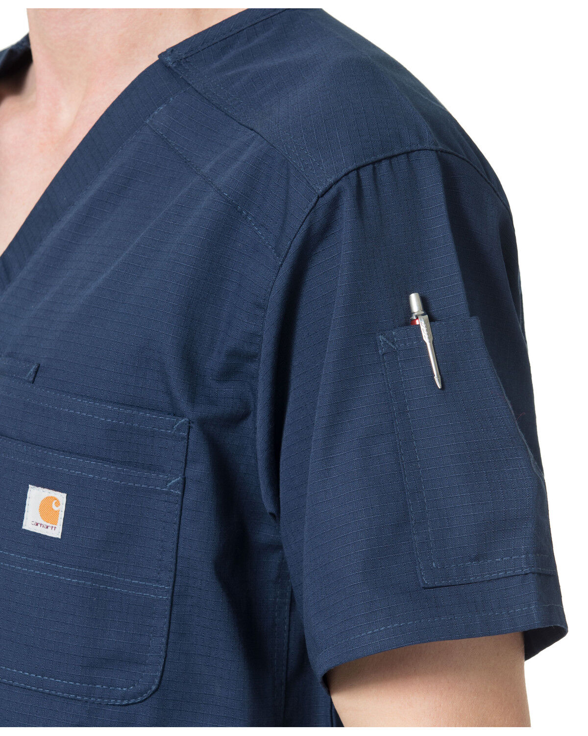 Image #3 - Carhartt Men's Slim Fit Six Pocket V-Neck Scrub Top, Navy, hi-res