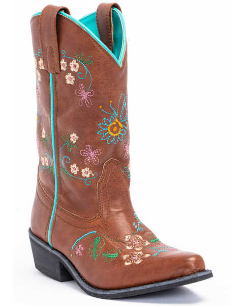 Shyanne Girls' Floral Embroidery Western Boots - Snip Toe, Brown, hi-res