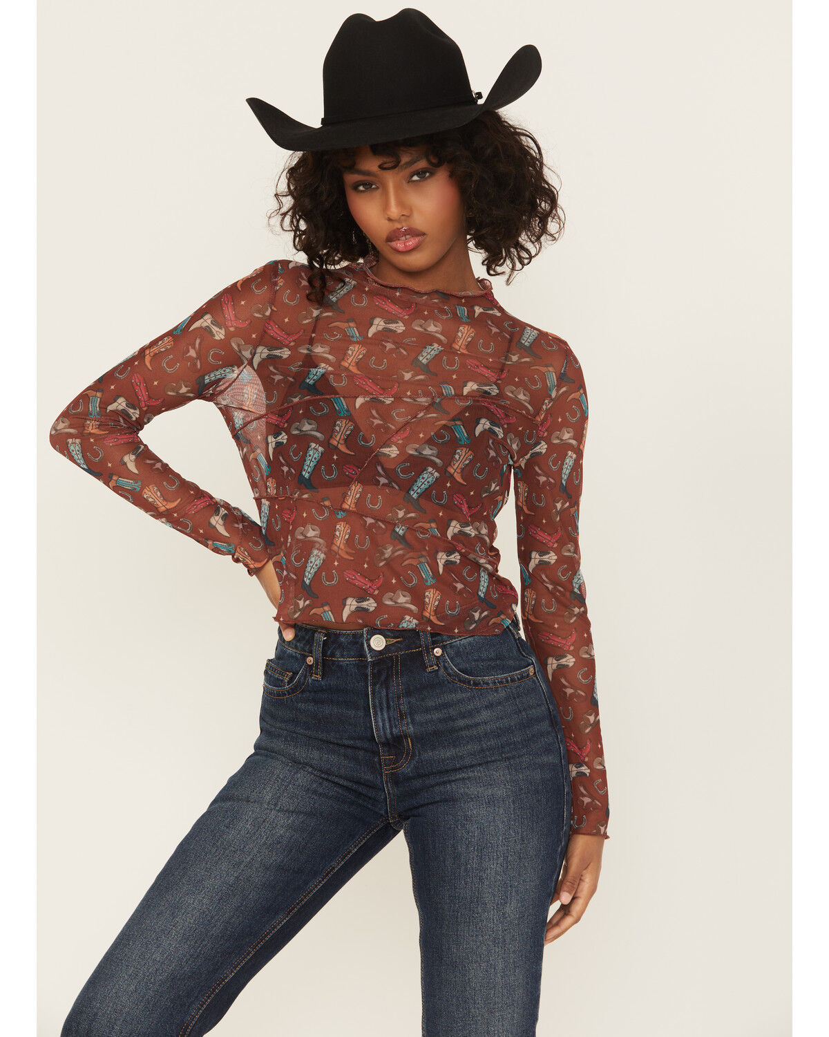 Image #1 - Rock & Roll Denim Women's Cowboy Boot Mesh Long Sleeve Shirt, Wine, hi-res