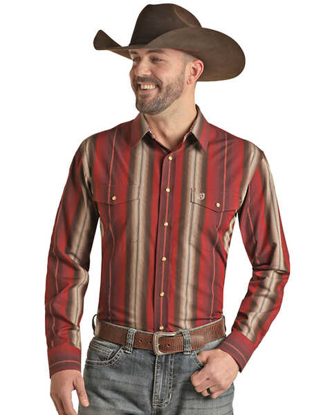 Panhandle Men's Select Serape Striped Long Sleeve Pearl Snap Western Shirt  - Big , Dark Red, hi-res
