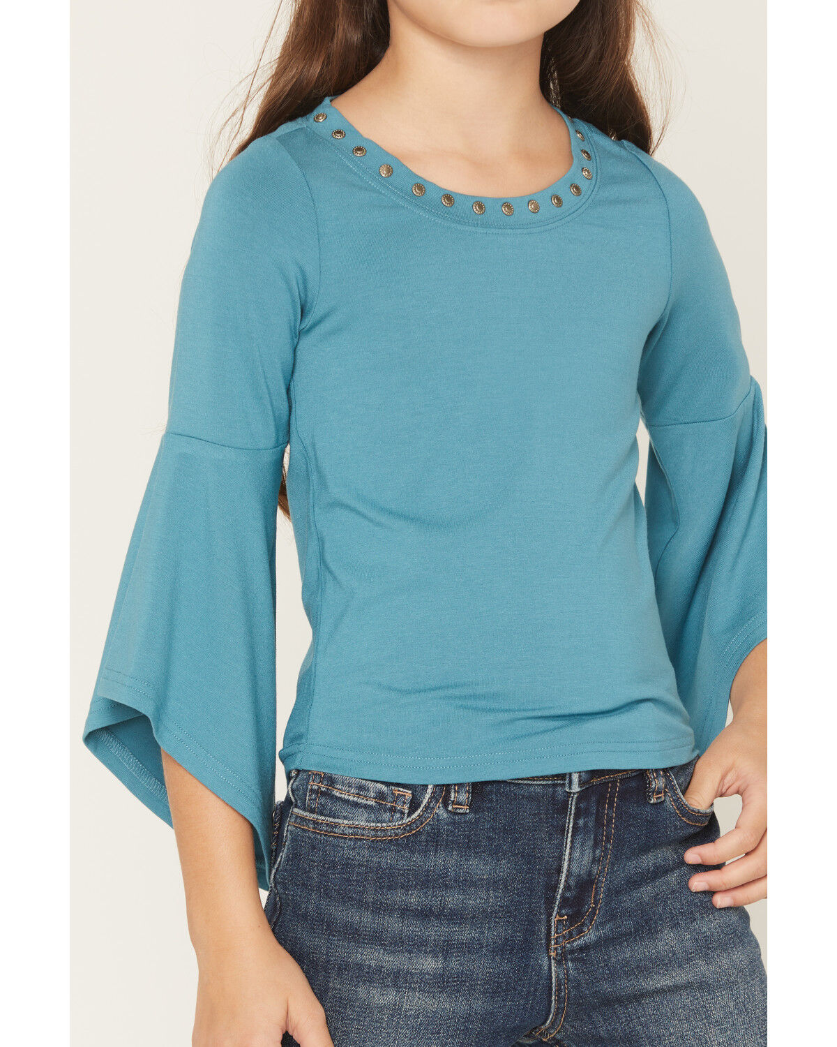 Image #3 - Shyanne Girls' Solid Studded Long Bell Sleeve Shirt, Turquoise, hi-res