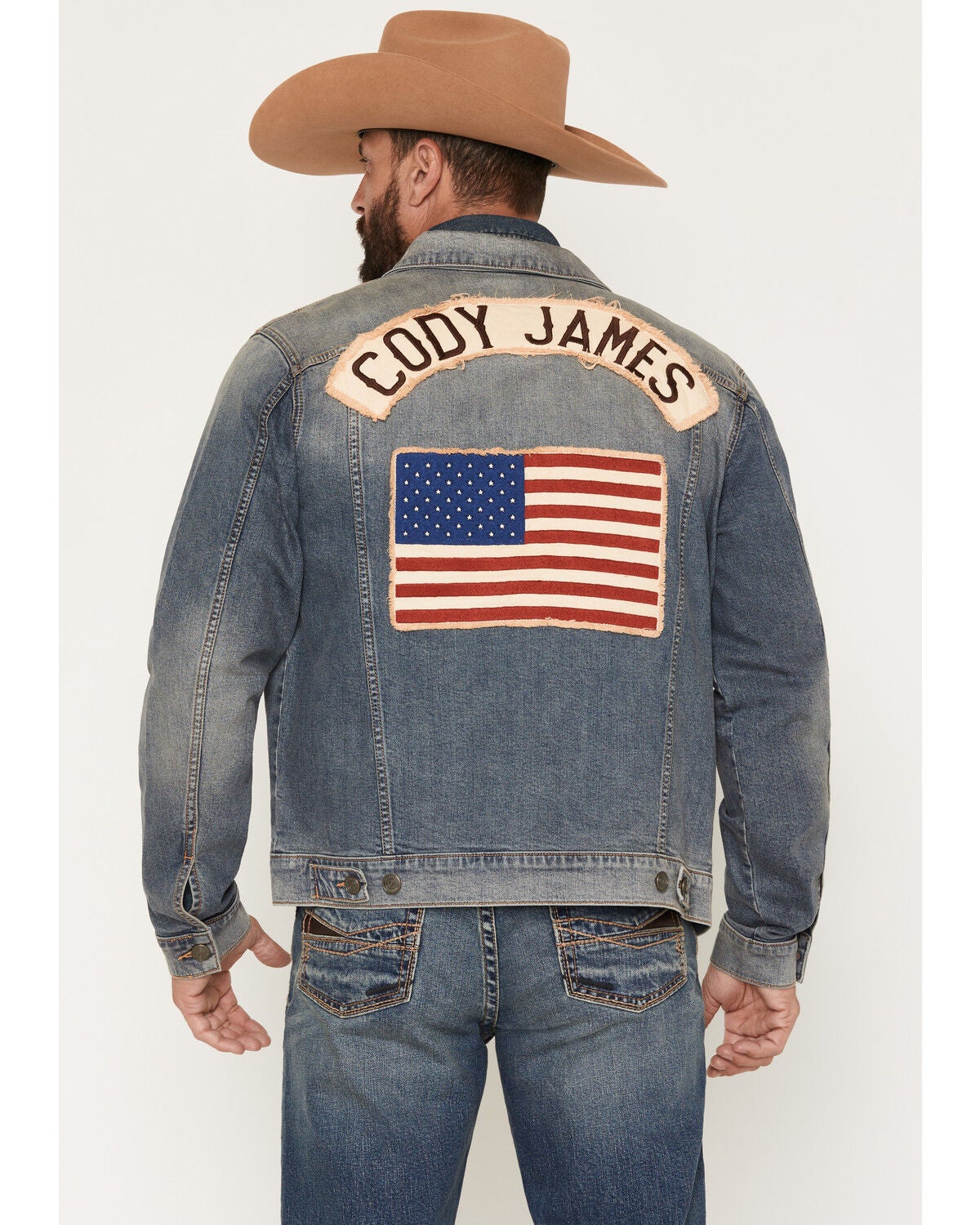 Image #1 - Cody James Men's Medium Wash Americana Patch Button-Down Stretch Denim Jacket, Medium Wash, hi-res