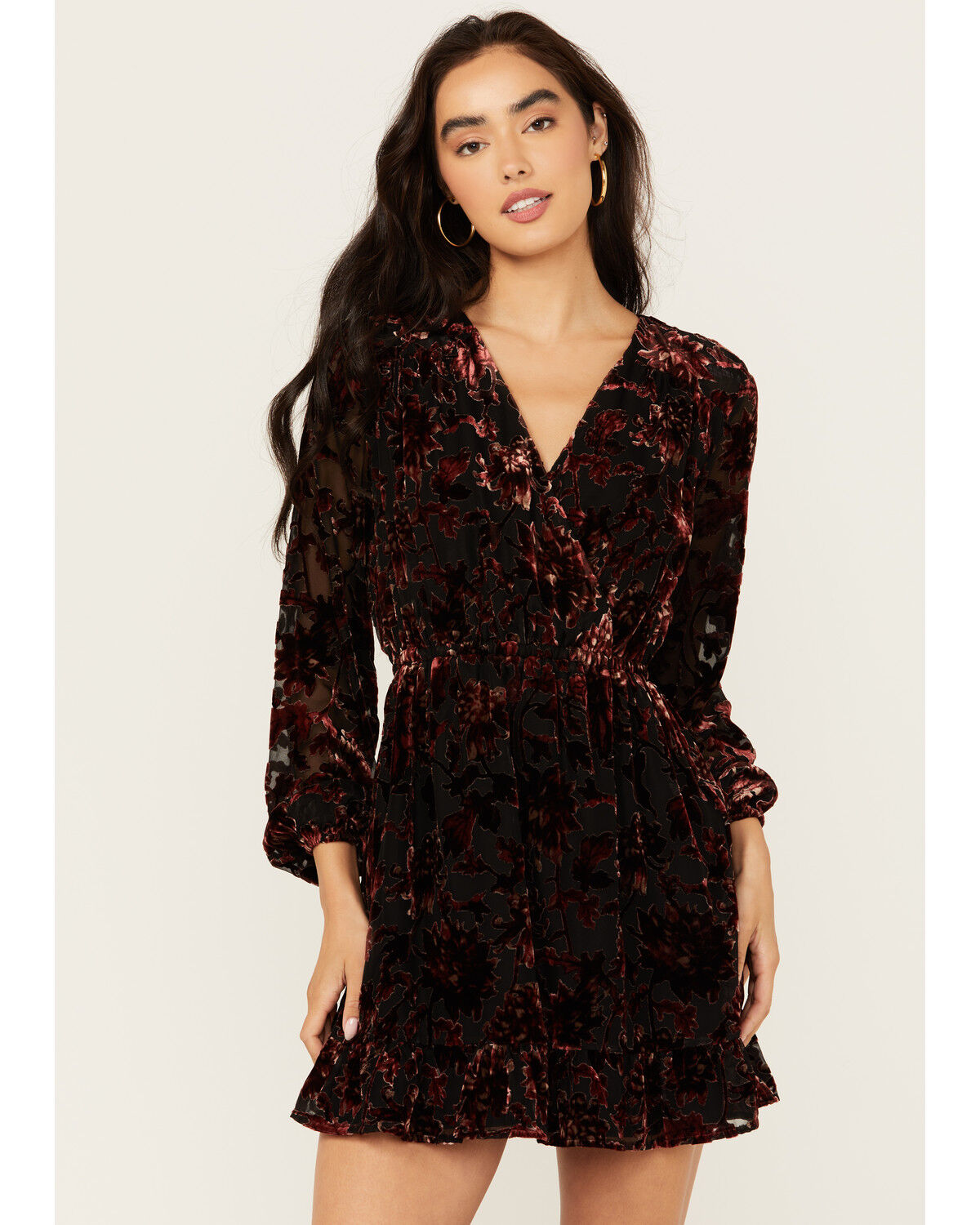 Image #1 - Shyanne Women's Burnout Velvet Peasant Mini Dress, Black, hi-res