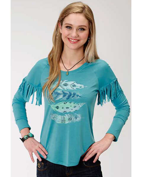 Roper Women's Solid Blue Feather Graphic Long Sleeve Top, Blue, hi-res