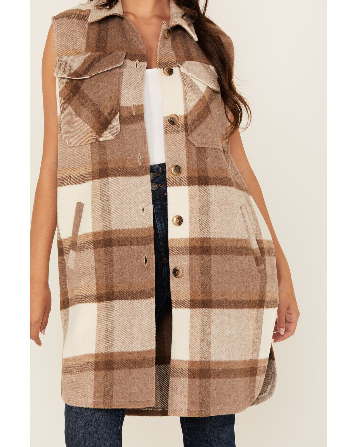 Image #3 - 26 International Women's Plaid Print Long Vest, Brown, hi-res
