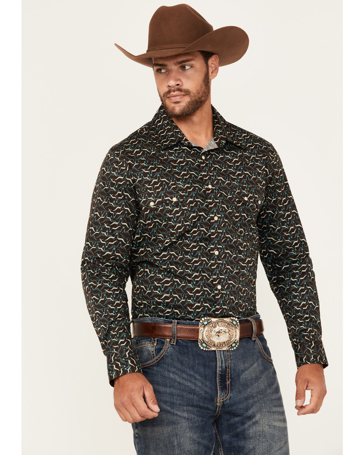Image #1 - Rock & Roll Denim Men's Long Horn Print Long Sleeve Snap Stretch Western Shirt, Brown, hi-res