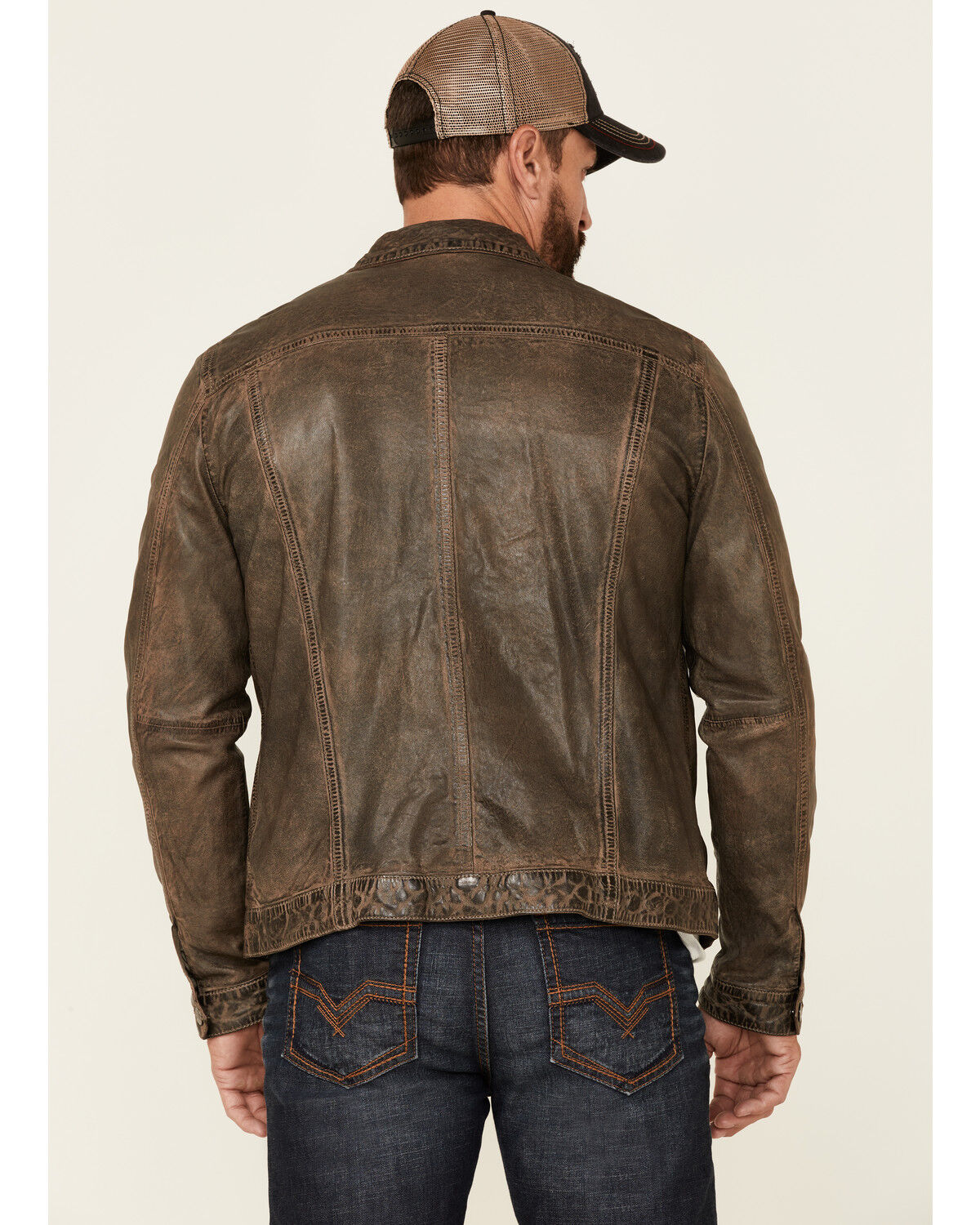 Image #4 - Mauritius Leather Men's Geoff Zip-Front Distressed Trucker Leather Jacket, Brown, hi-res