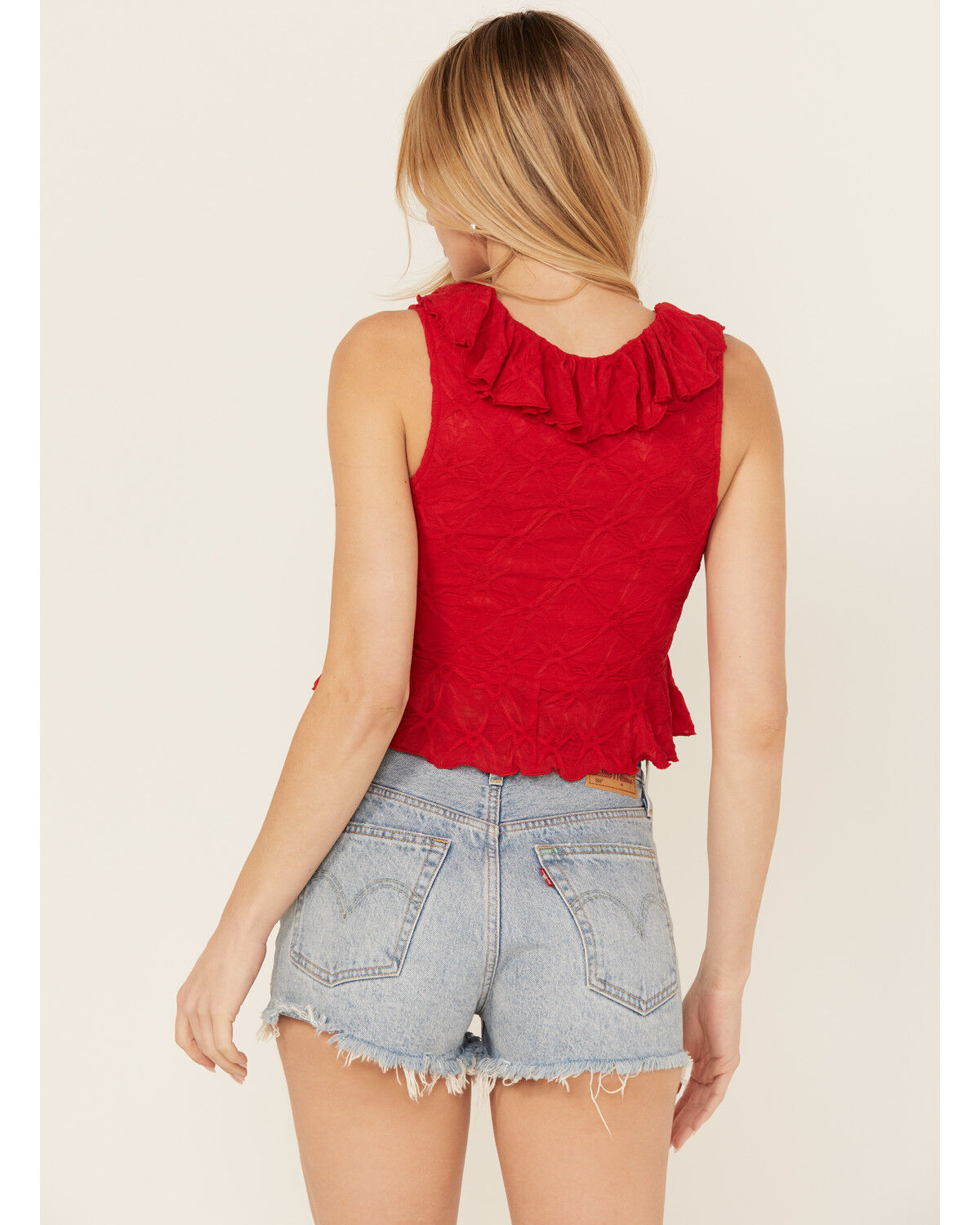 Image #4 - Miss Me Women's Textured Ruffle Tank Top, Red, hi-res