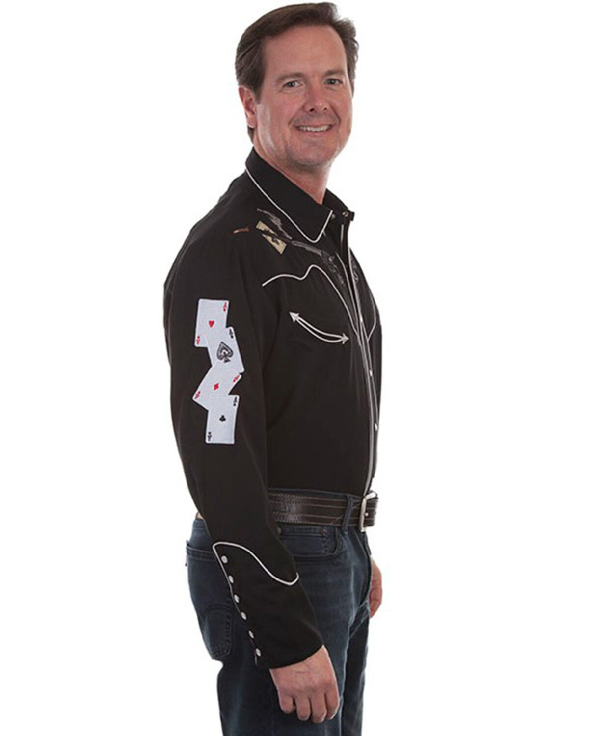 Image #2 - Scully Men's Skulls, Guns N Cards Embroidered Yoke Long Sleeve Pearl Snap Western Shirt - Big, Black, hi-res