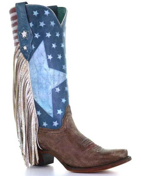 Image #1 - Corral Women's Boot Barn Exclusive Stars & Stripes Fringe Tall Western Boots - Snip Toe, Brown/blue, hi-res