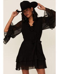 Very J Women's Chiffon Ruffle Wrap Dress, Black, hi-res