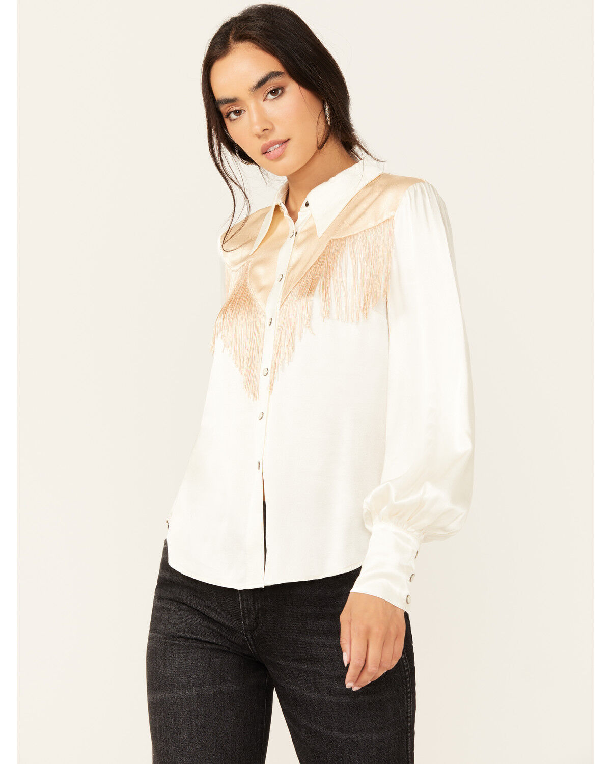 Image #1 - Shyanne Women's Color Block Western Fringe Blouse, Cream, hi-res