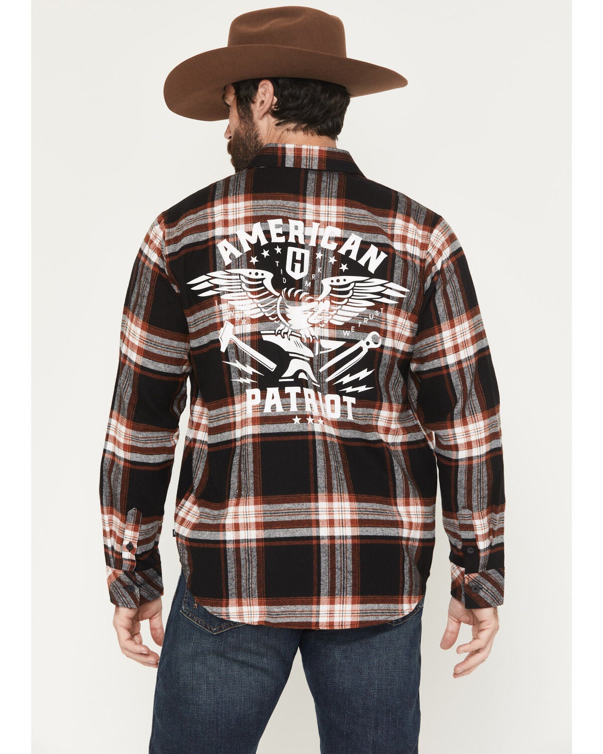 Howitzer Men's Boot Barn Exclusive American Patriot Plaid Print Long Sleeve Button-Down Flannel Shirt, Black, hi-res