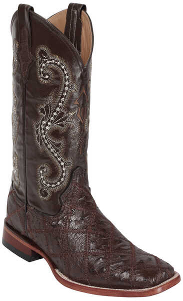 Ferrini Ostrich Patchwork Exotic Western Boots - Wide Square Toe , Chocolate, hi-res