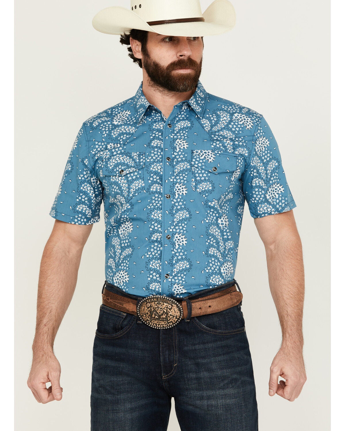 Image #1 - Gibson Men's Hayes Abstract Paisley Print Short Sleeve Snap Western Shirt, Light Blue, hi-res