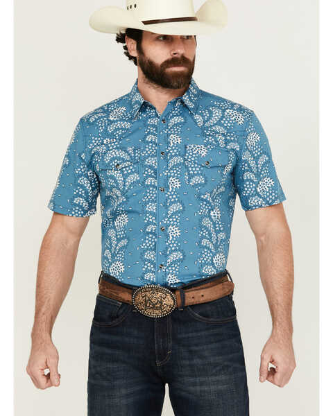 Gibson Men's Hayes Abstract Paisley Print Short Sleeve Snap Western Shirt , Light Blue, hi-res