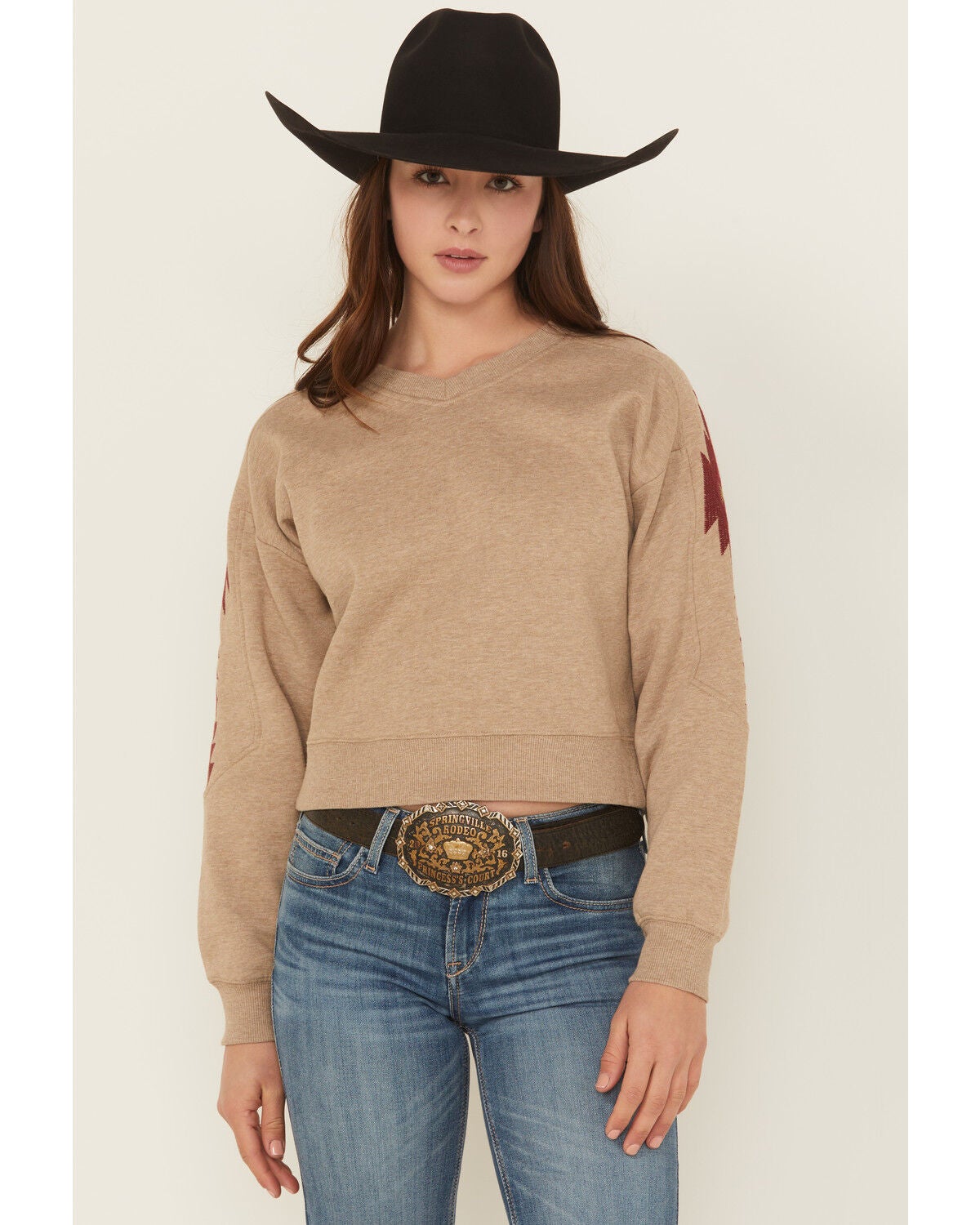 Ariat Women's Southwestern Sleeve Sweater, Brown, hi-res