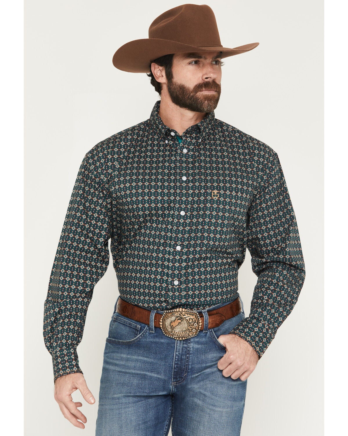 Rough Stock by Panhandle Men's Geo Print Long Sleeve Button-Down Stretch Western Shirt, Black, hi-res